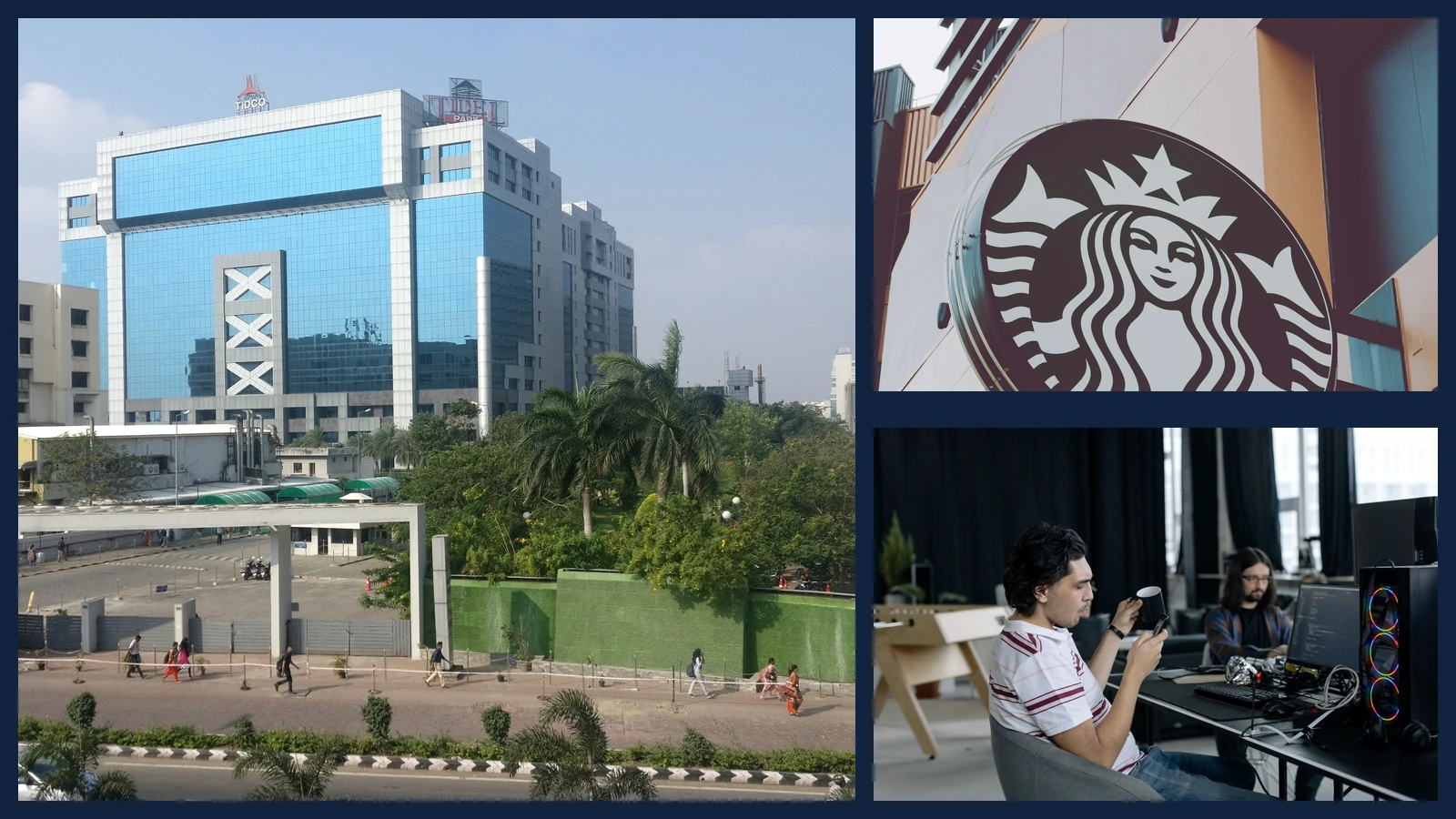 Editorial composite showing TIDEL Park in Chennai, a Starbucks sign, and programmers working at computers with coffee.