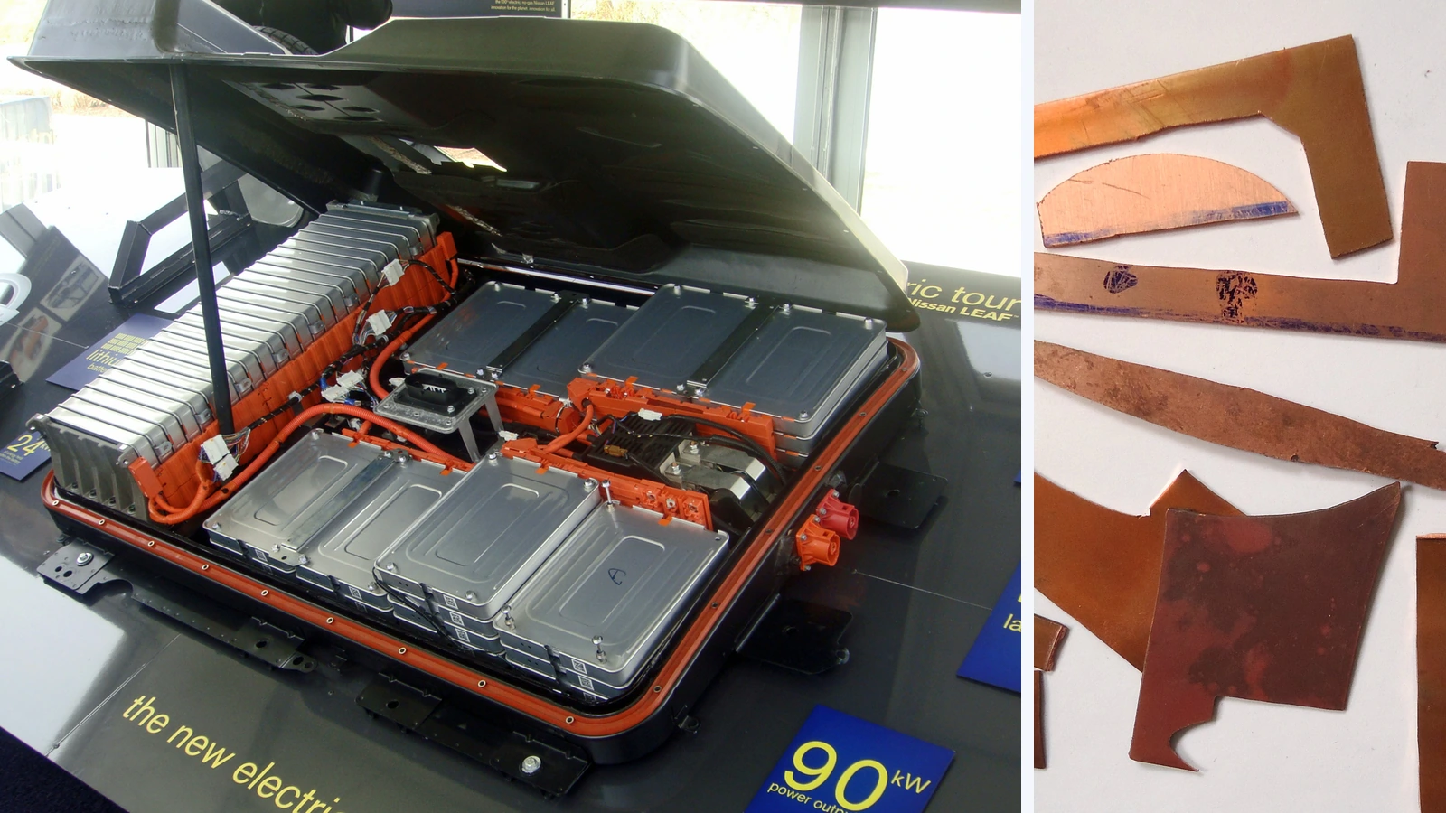 Editorial composite showing an exposed Nissan Leaf battery pack with orange cables beside a separate photograph of copper scraps on a light surface.
