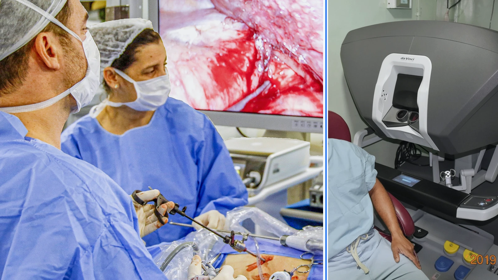 Editorial composite of a surgical team working beside a medical monitor and a separate surgeon seated at a da Vinci console.