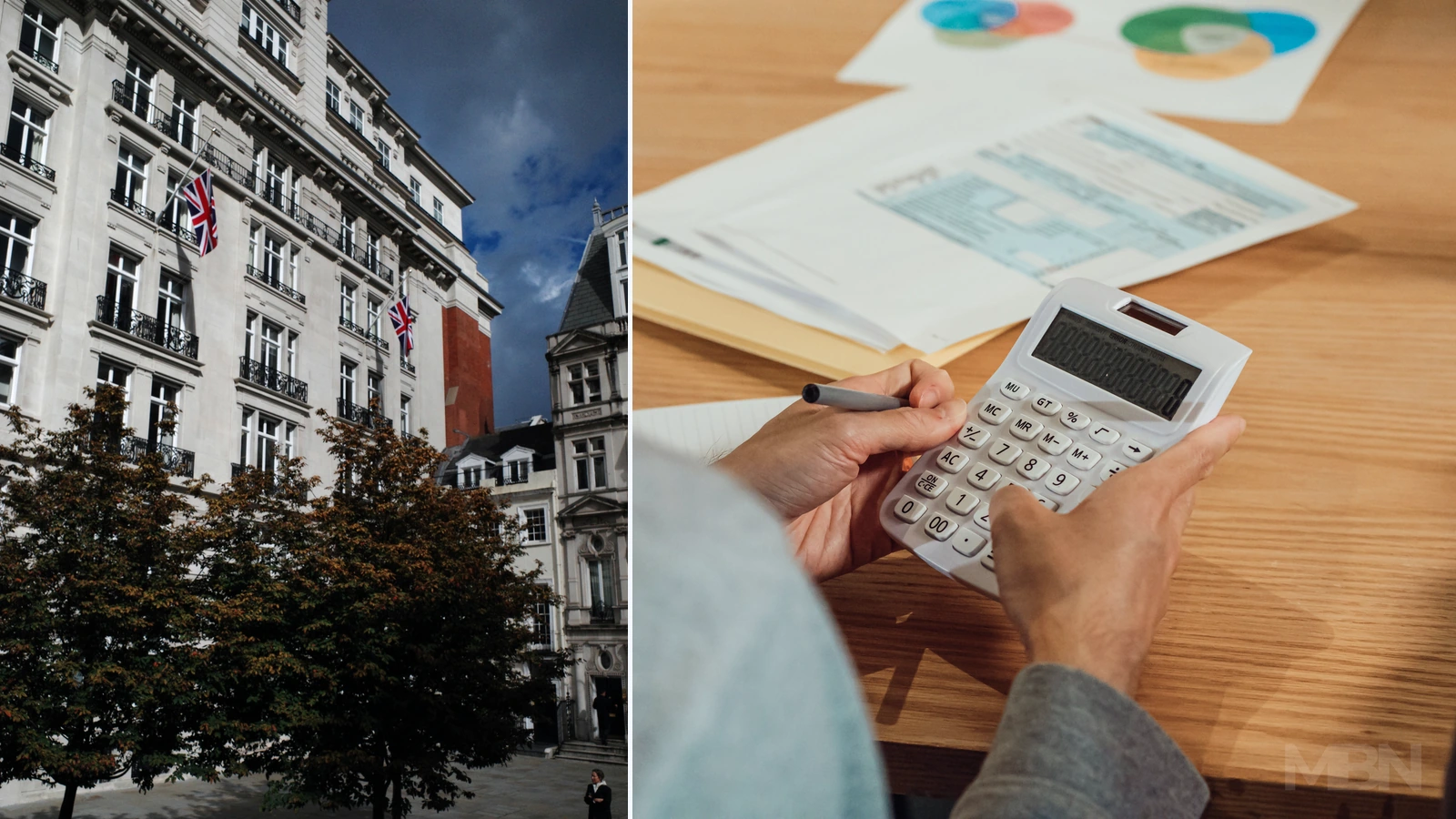 Editorial composite of Union flags on a London building and a separate representative photograph of accounting work