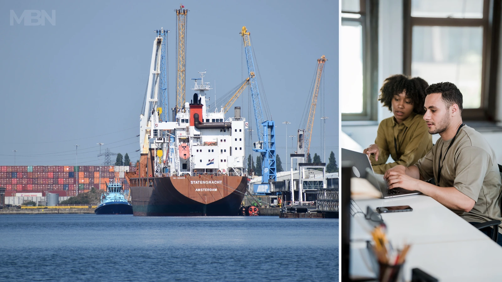 Editorial composite of a cargo ship at Southampton and colleagues at a laptop; photos Michael Schwarz and Mizuno K/Pexels, cropped and combined by MBN.