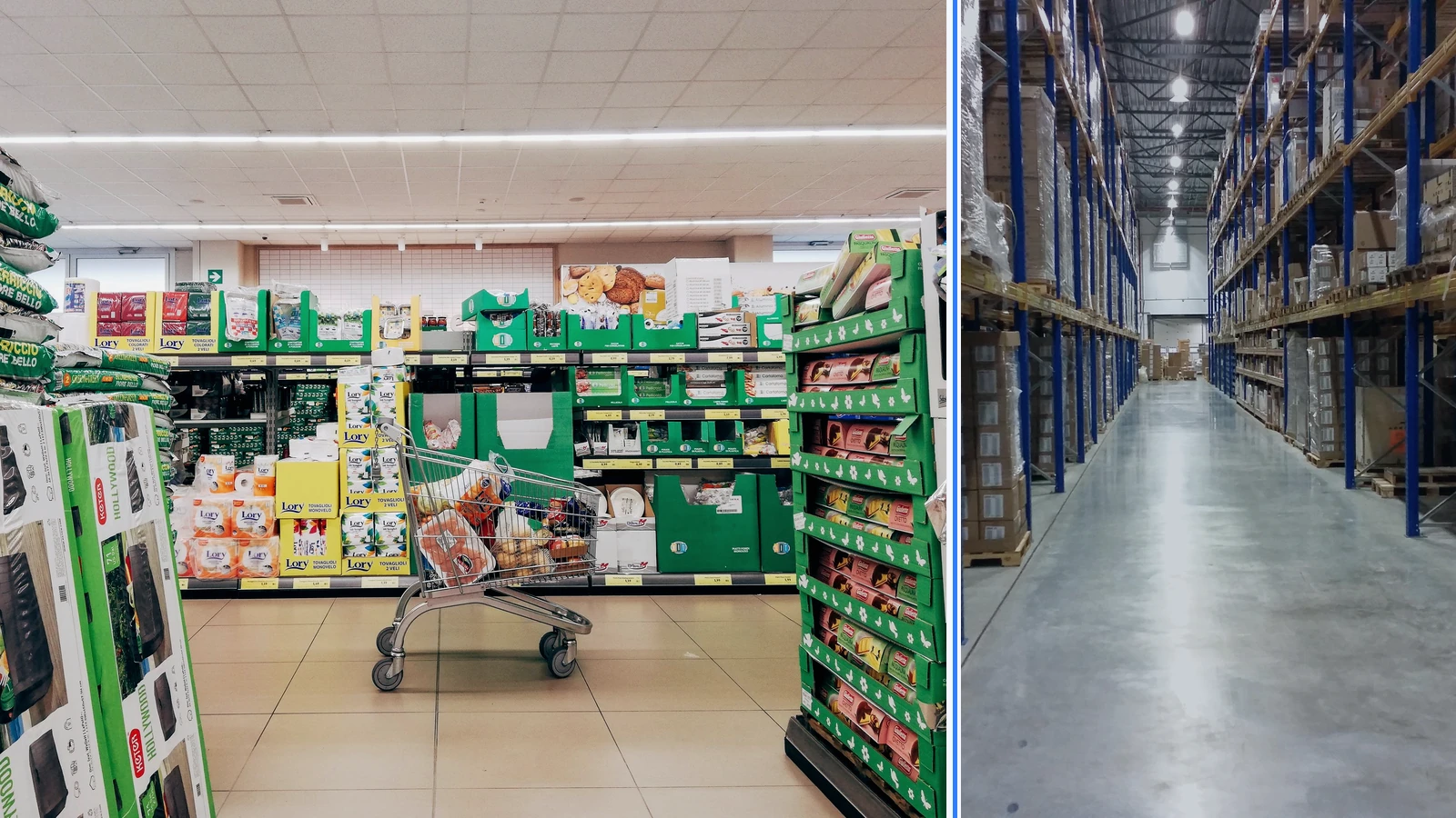 Editorial composite of a shopping cart in a supermarket aisle beside a separate warehouse aisle lined with cardboard cartons.