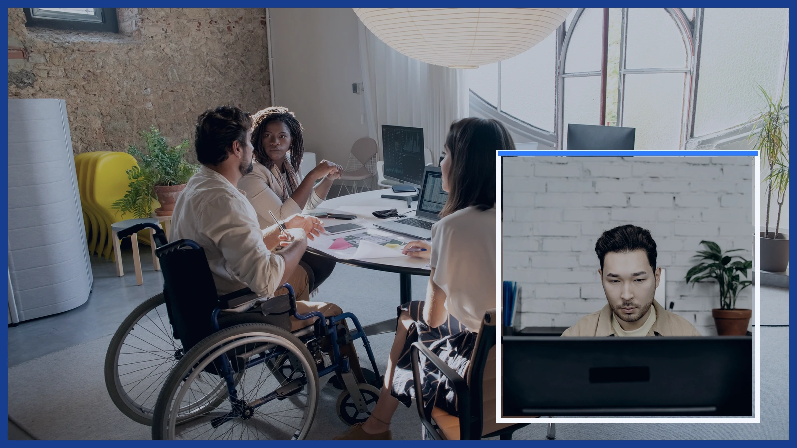 Editorial composite showing an accessible workplace meeting and an office worker at a computer in separate panels.