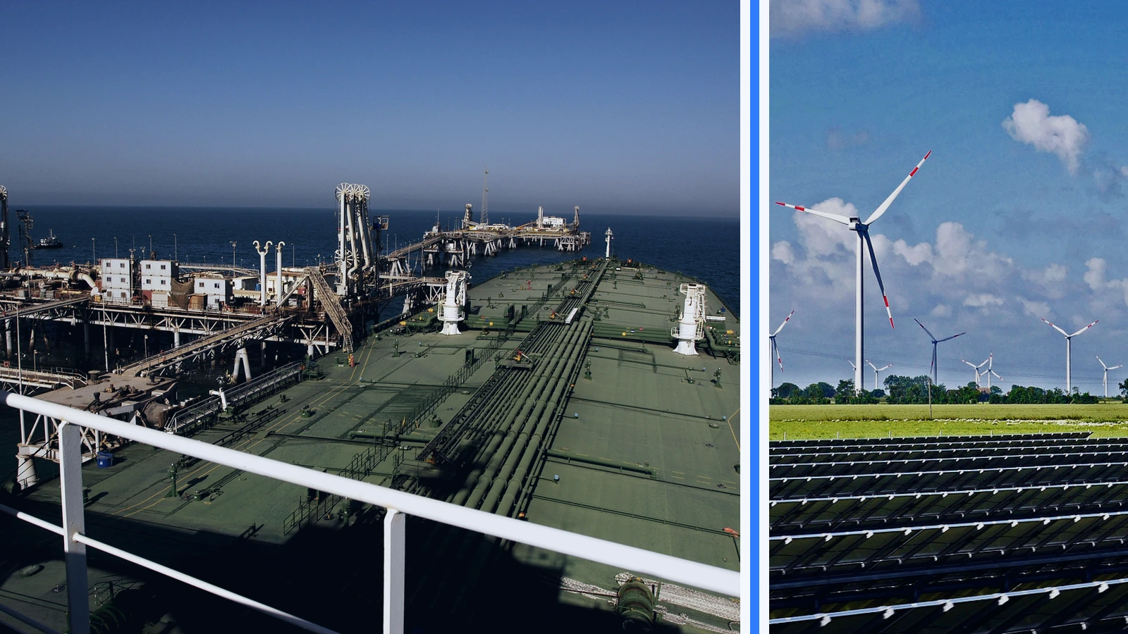 Editorial composite of an oil tanker at a Persian Gulf terminal beside separate solar panels and wind turbines.