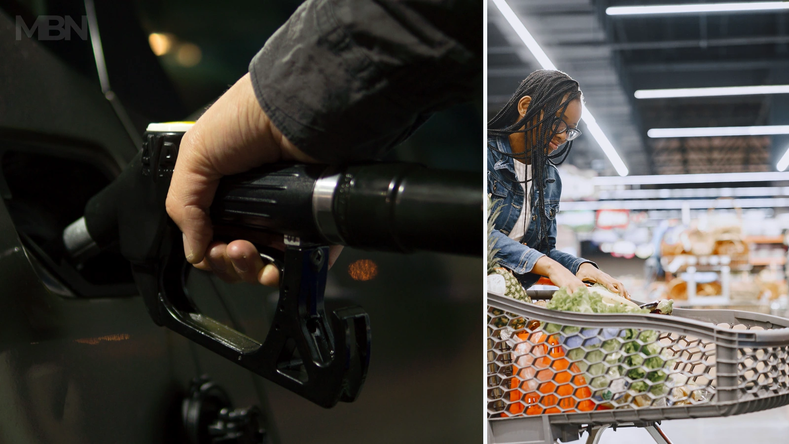 Editorial composite of a gasoline nozzle and supermarket shopper; representative photos by ClickerHappy, CC0, and Gustavo Fring/Pexels, cropped by MBN.