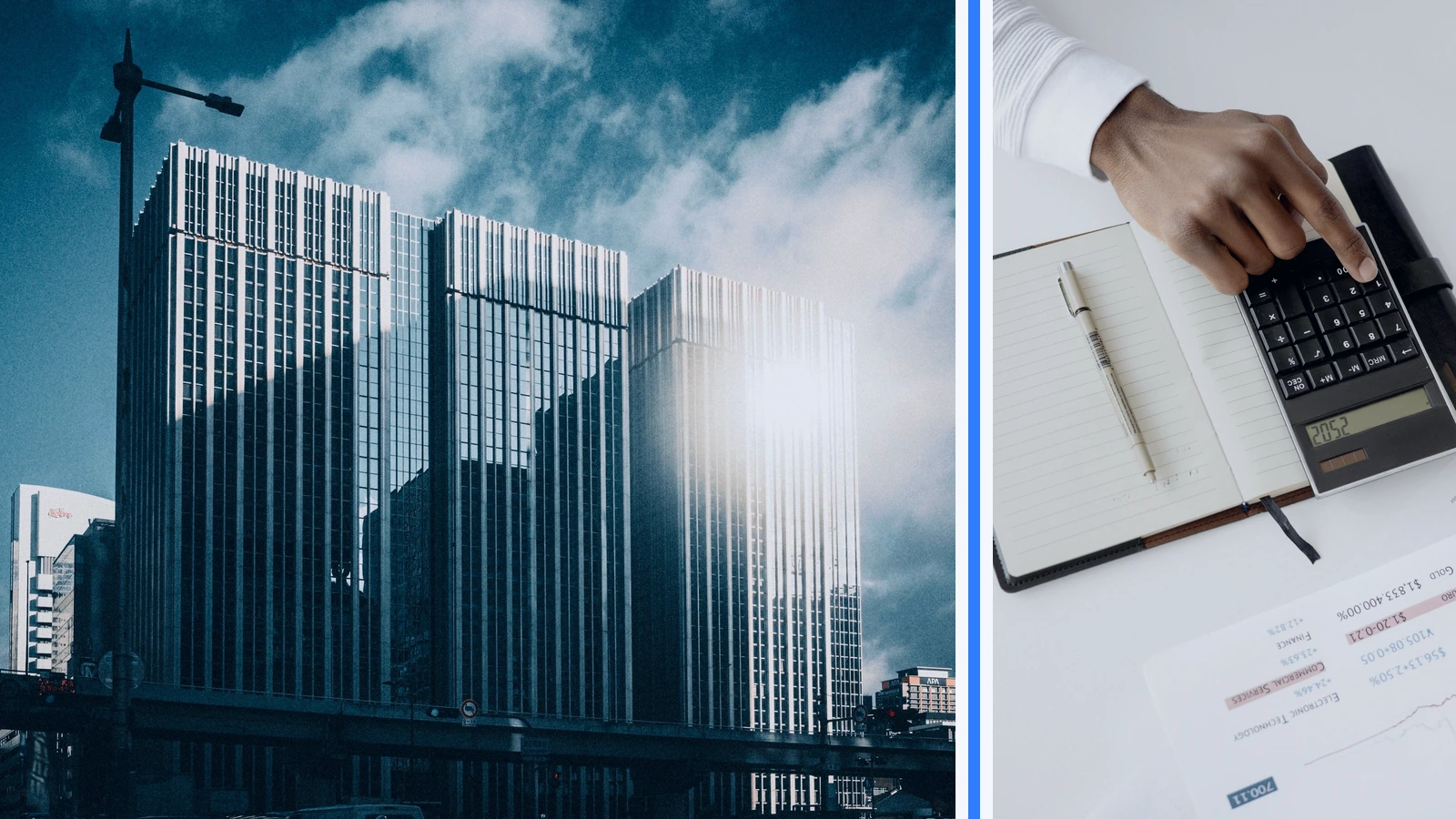 Editorial composite of modern office towers beside financial documents and a calculator.