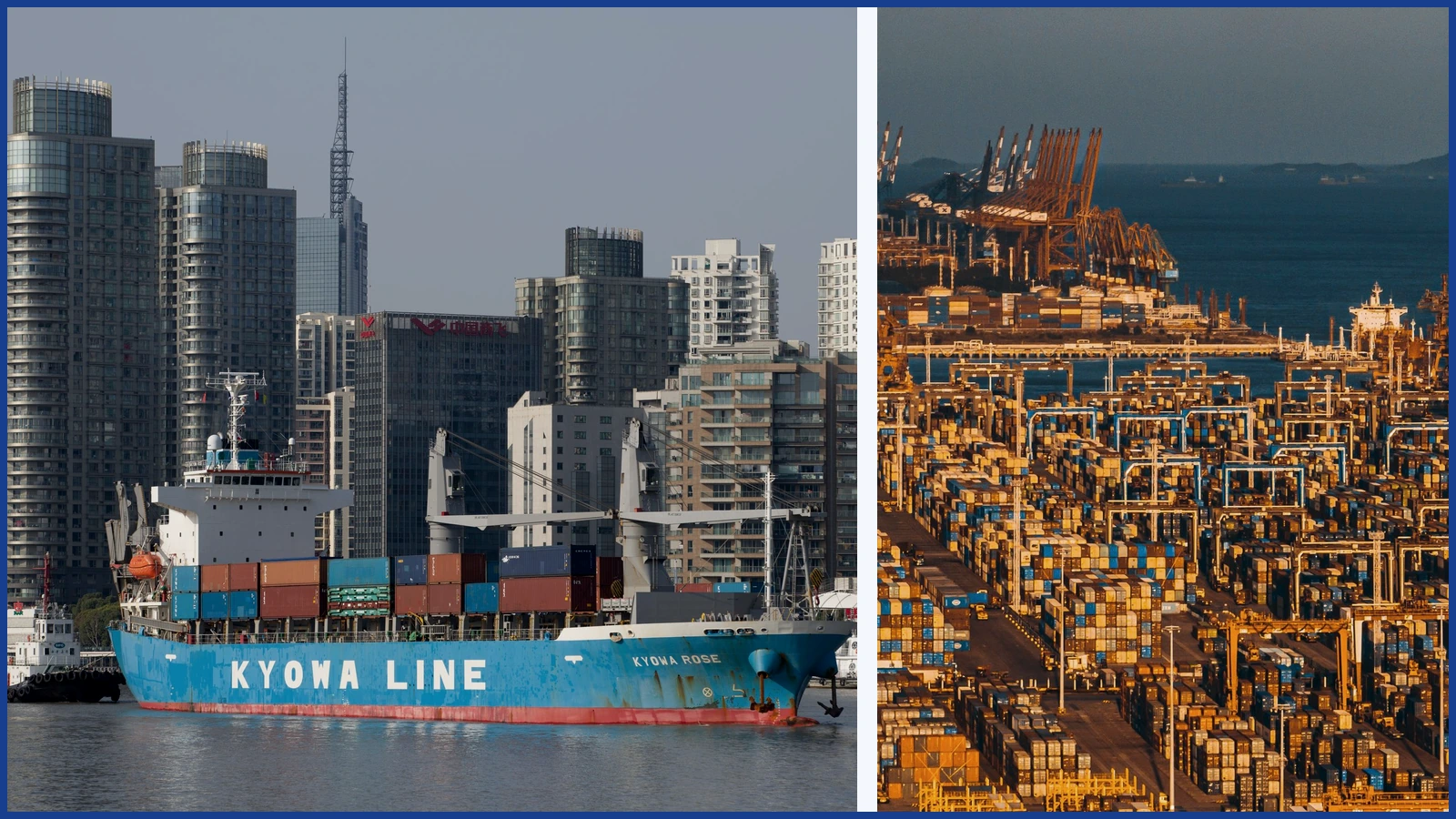Editorial composite showing a cargo vessel in Shanghai and stacked containers at a port in Xiamen.