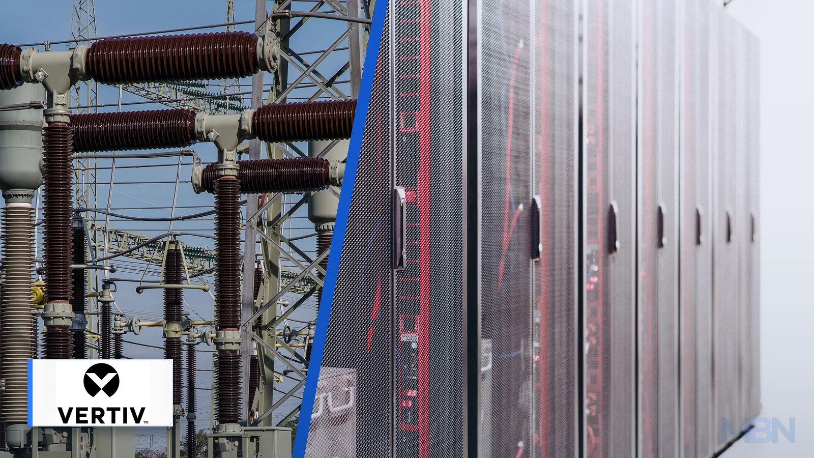 Editorial composite showing electrical-substation equipment beside server racks, with the Vertiv logo in a separate white badge