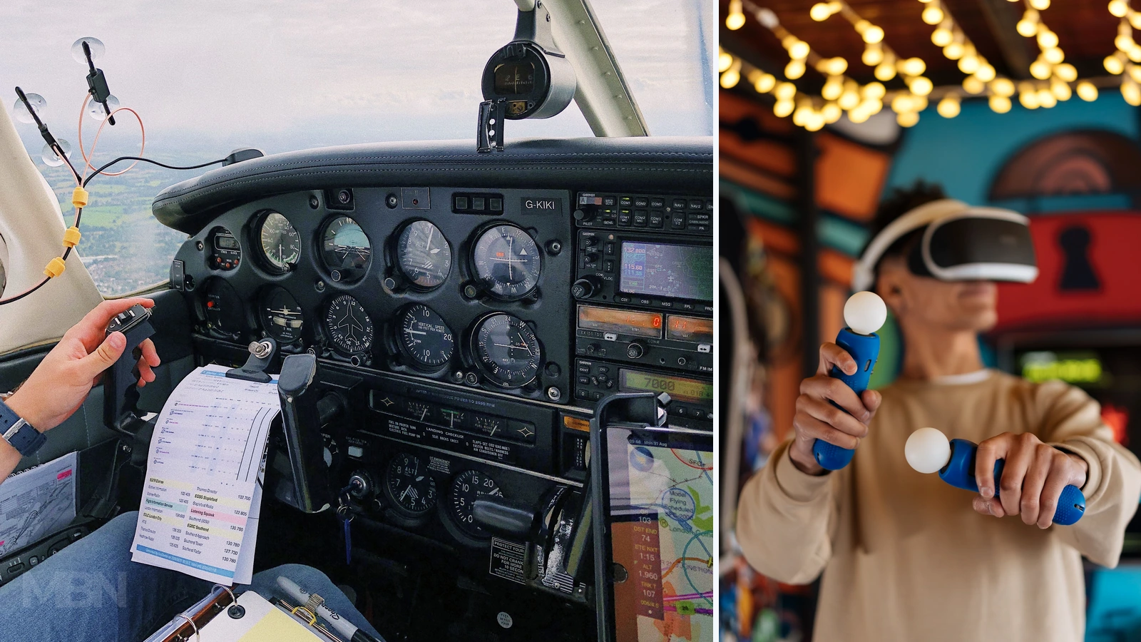 Editorial composite of aircraft instruments and a separate VR user; representative photos by Lina Kivaka and Mikhail Nilov/Pexels, cropped and combined by MBN.