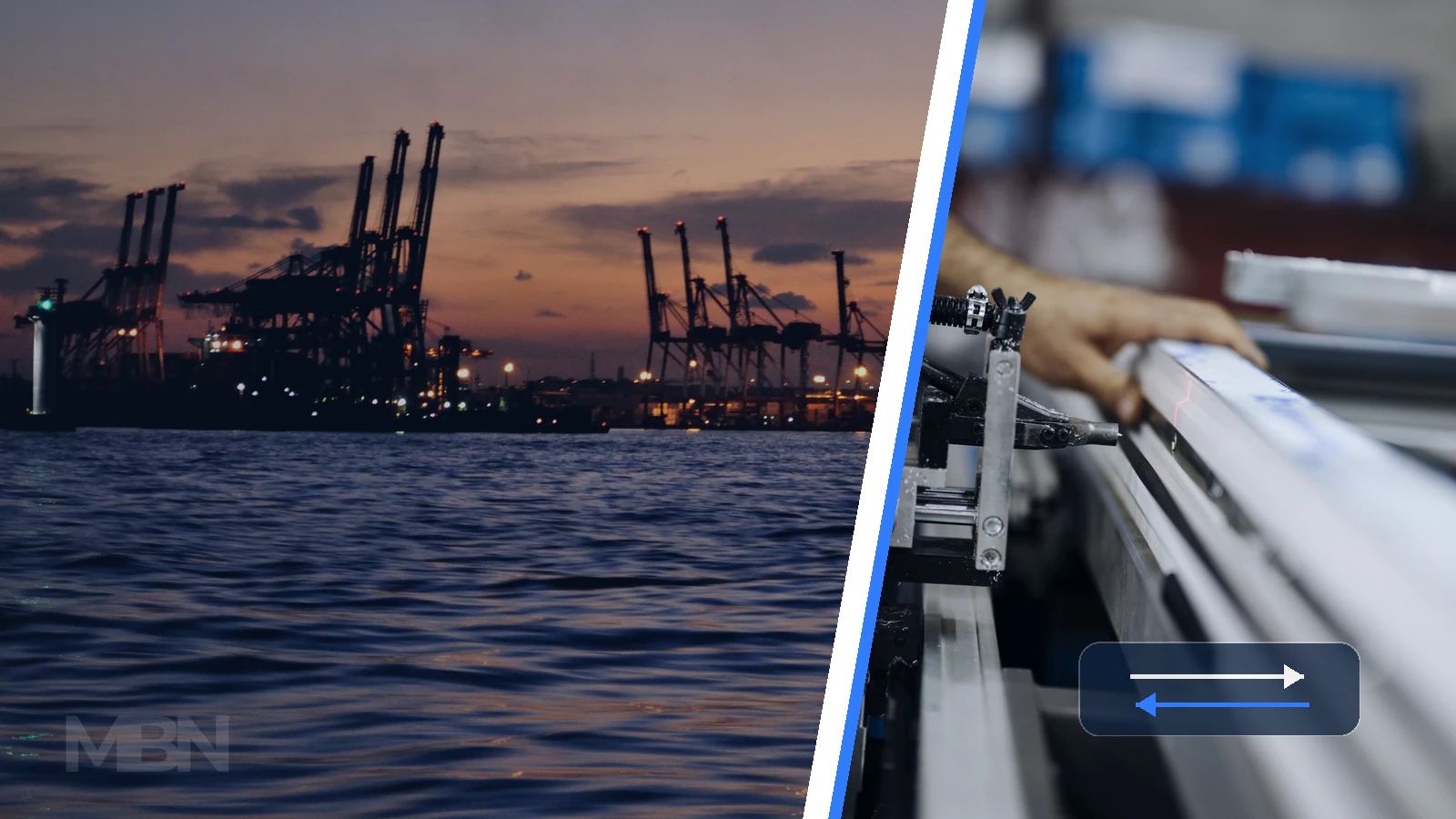 Editorial composite of cranes at Yokohama port beside a worker operating factory machinery, with opposing arrows representing goods and income flows.