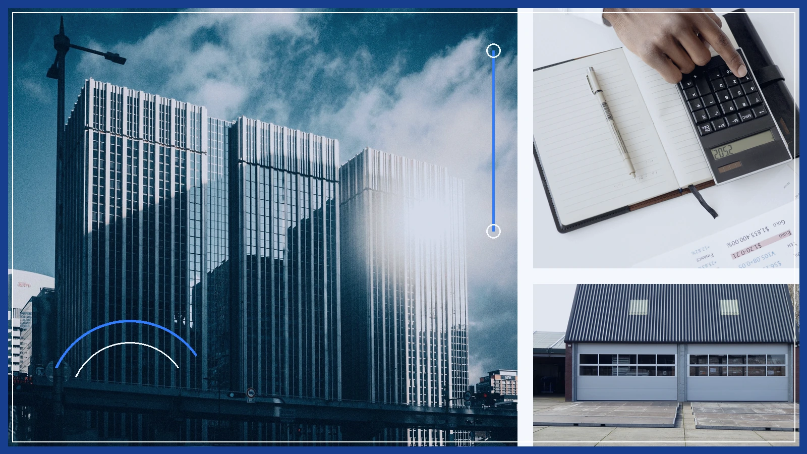 Editorial composite of office towers, a calculator beside financial documents and an unbranded warehouse in three separate panels.