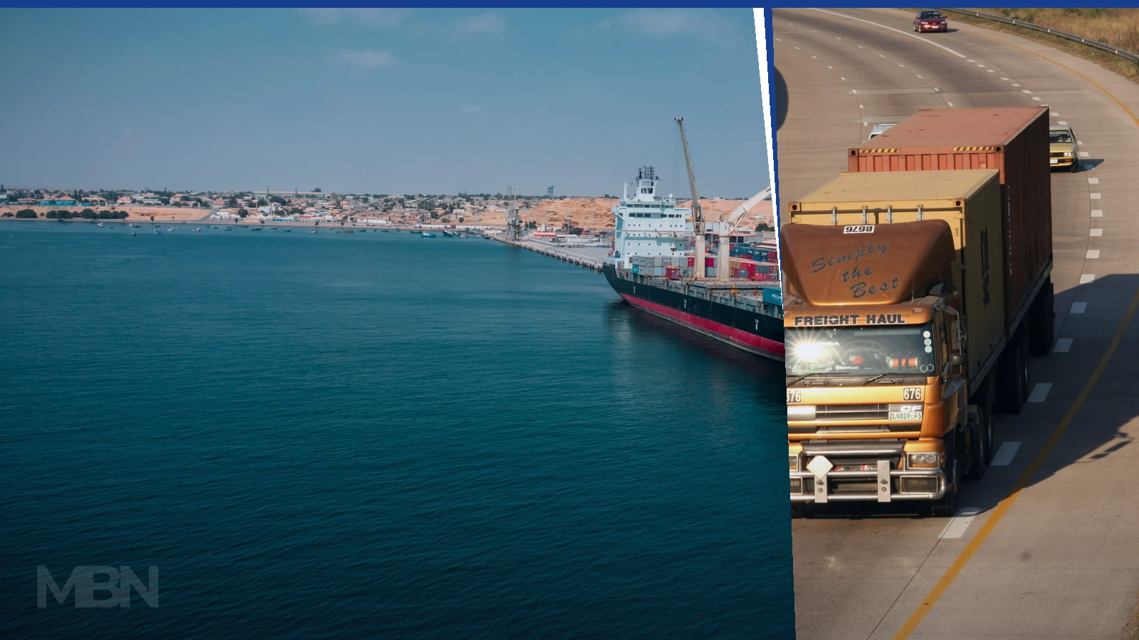 Editorial composite showing a cargo ship at Namibe port in Angola beside a freight truck travelling on a South African highway.