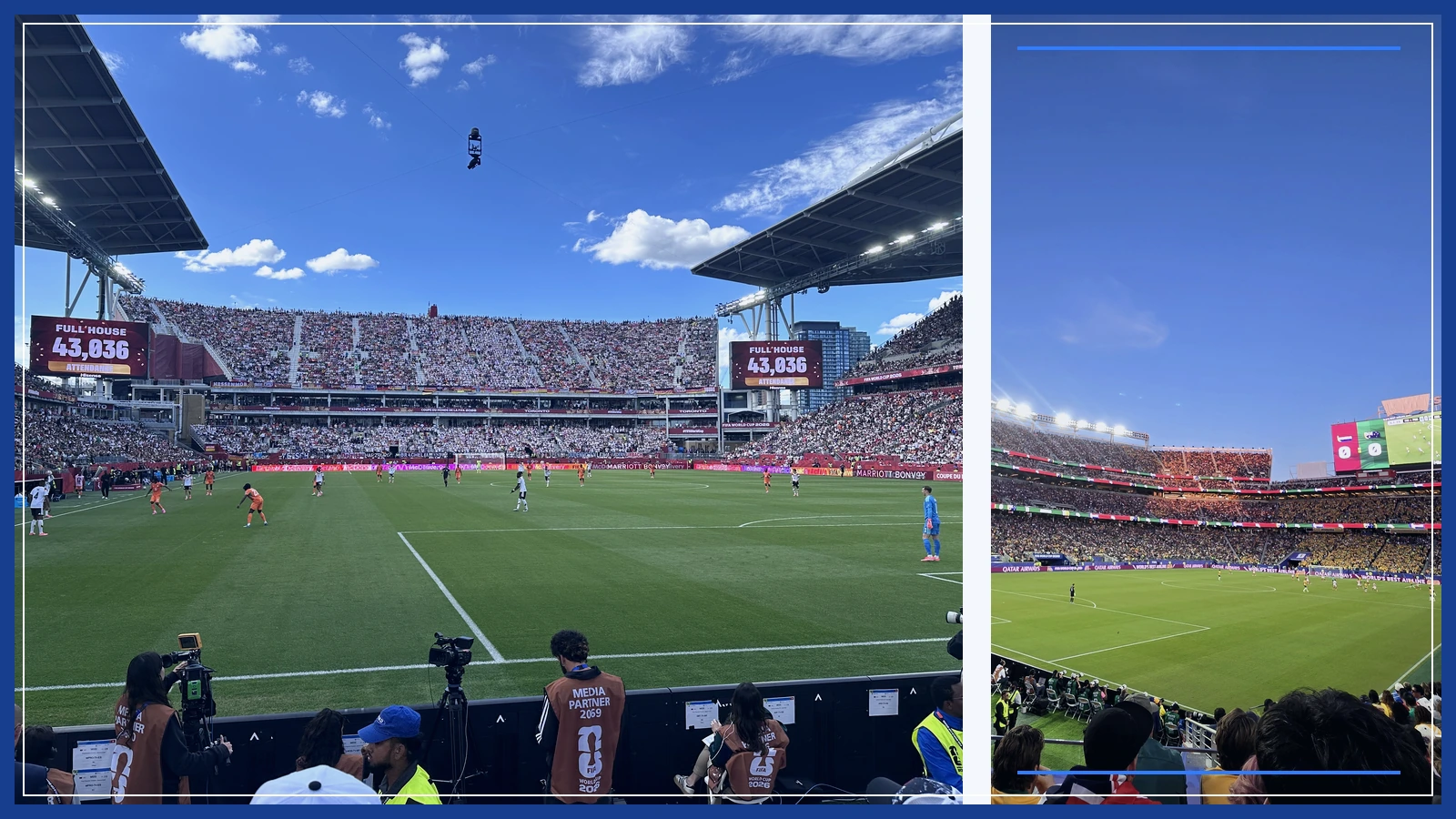 Editorial composite of two packed 2026 World Cup stadiums in Toronto and Santa Clara, with pitchside sponsor boards visible.