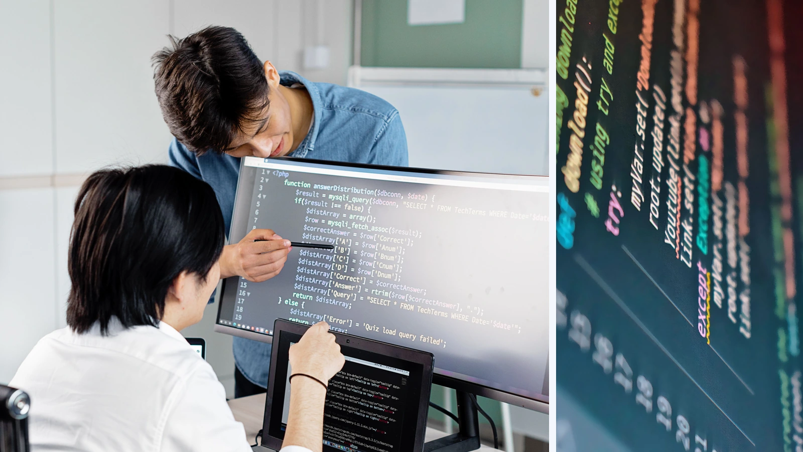 Editorial composite showing two people reviewing code on computer screens beside a separate close-up of colored programming code.