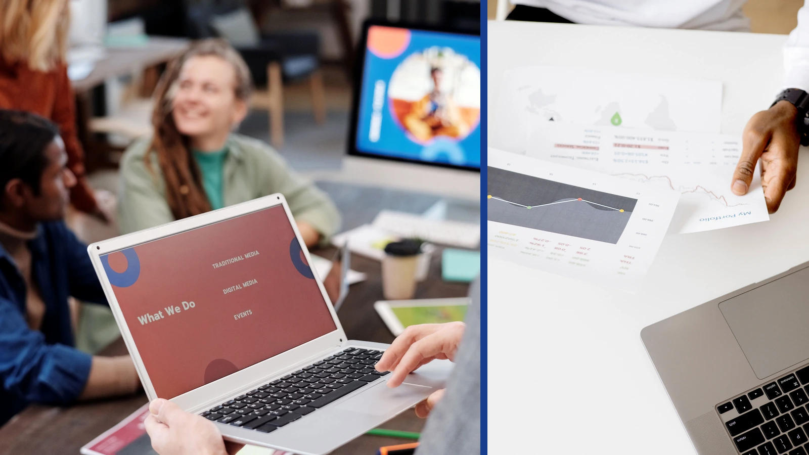 Editorial composite showing a laptop presentation with colleagues in the background beside a separate photograph of a hand reviewing printed charts.