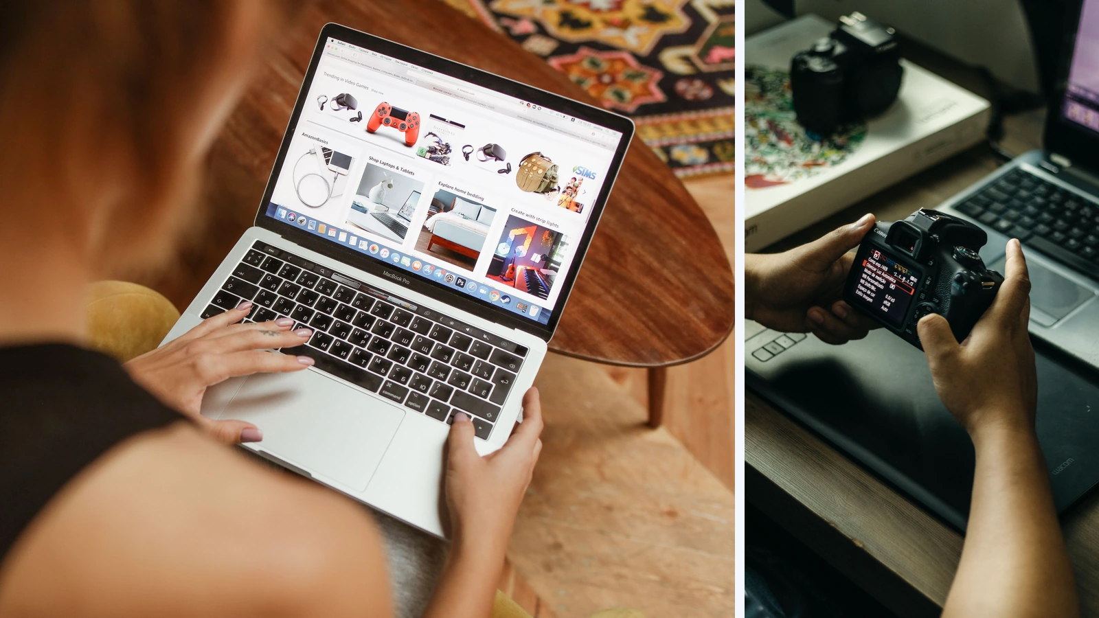 Editorial composite showing a shopper browsing product listings on a laptop beside hands adjusting a Canon camera at a desk.