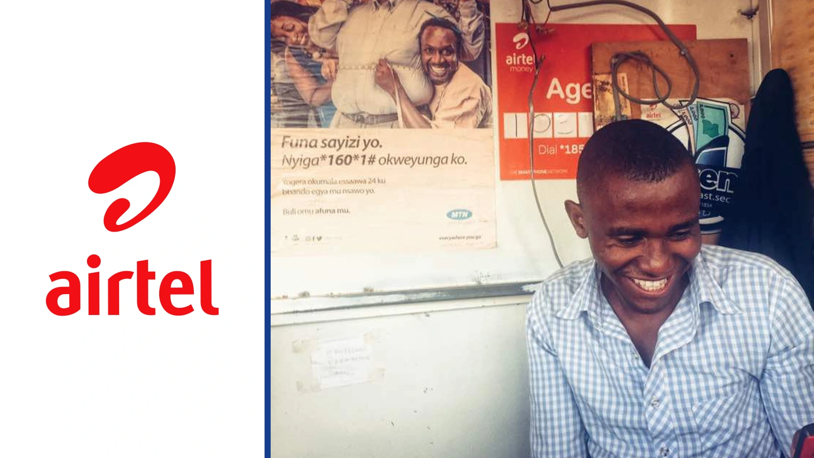 Editorial composite of the red Airtel mark beside a mobile-money agent in a shop displaying Airtel Money and MTN signs.