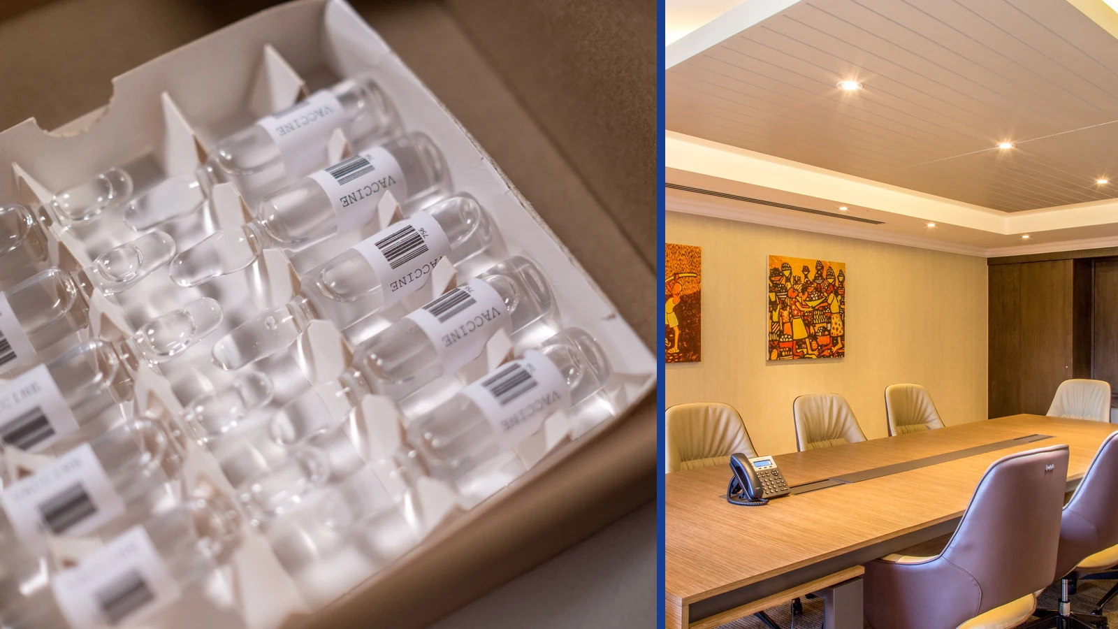An editorial composite pairs medicine vials with an empty boardroom, using representative stock photographs by Ron Lach and Skills Media/Pexels.