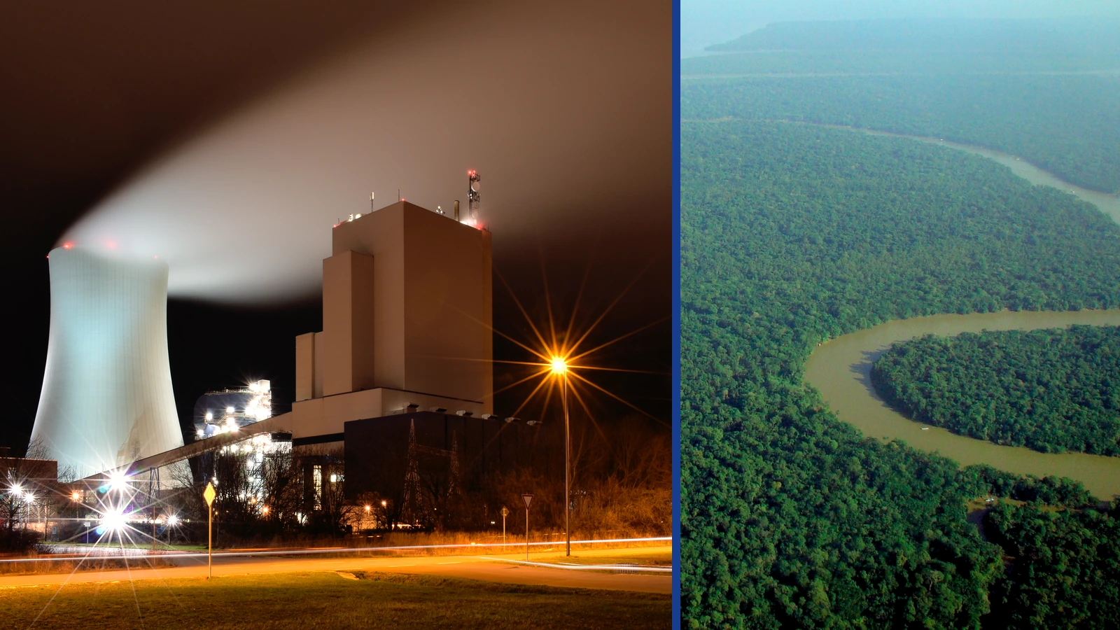 ditorial composite showing Rostock power station illuminated at night, beside a separate aerial photograph of forest and a winding river in Brazil.