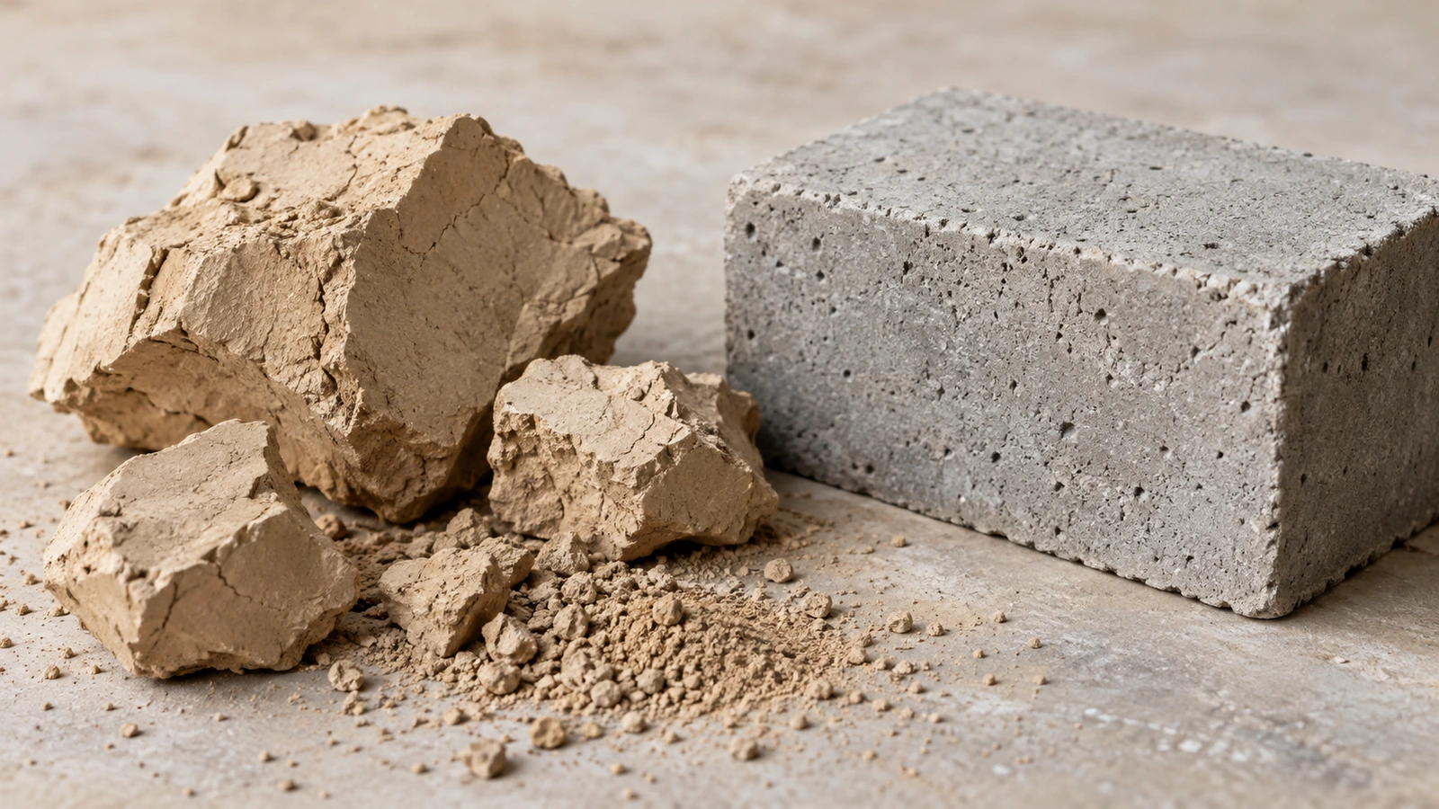 AI-generated representative illustration of pale clay fragments and powder beside a grey concrete block, unrelated to the specimens used in the EPFL study.
