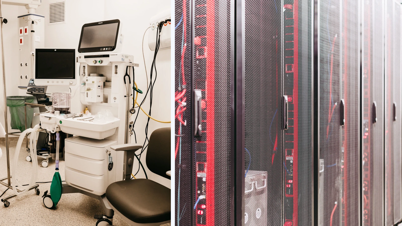 Editorial composite of hospital monitoring equipment beside separate server racks and cables, with a light divider between the photographs.