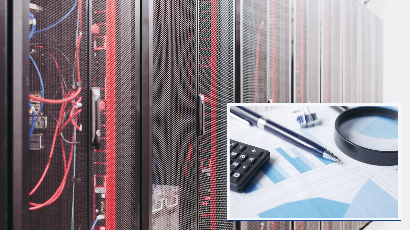 Editorial composite of server racks and cables, with a bordered inset showing a calculator, pen and magnifying glass on printed charts.