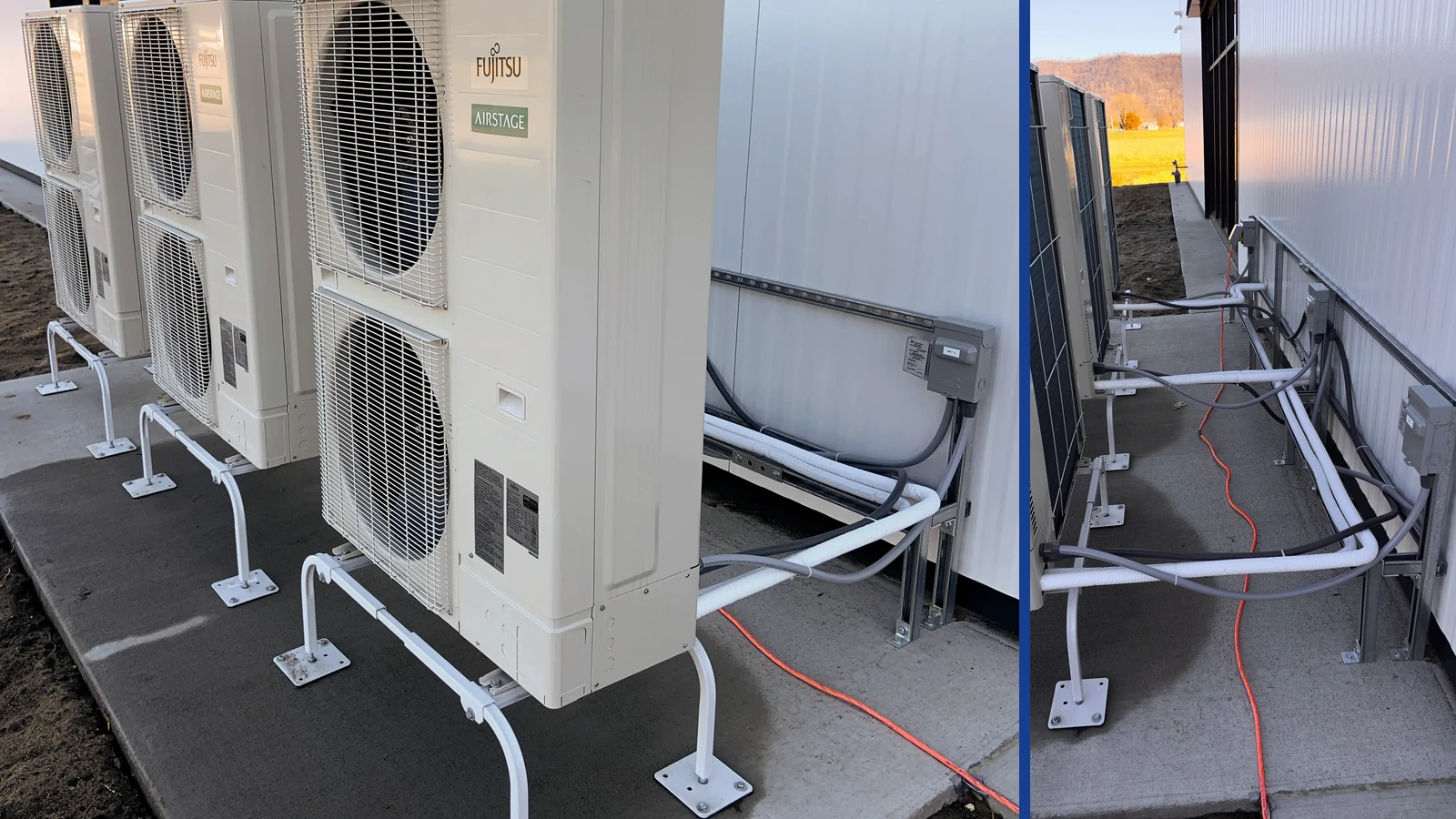 Editorial composite of Fujitsu commercial heat pump units beside a separate view of their pipes, cables and exterior electrical connections.