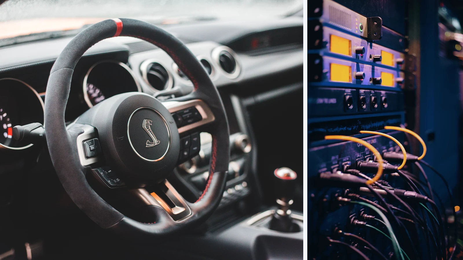 Editorial composite of a car dashboard and network cables in separate panels, representative stock photographs by Erik Mclean and Brett Sayles/Pexels.