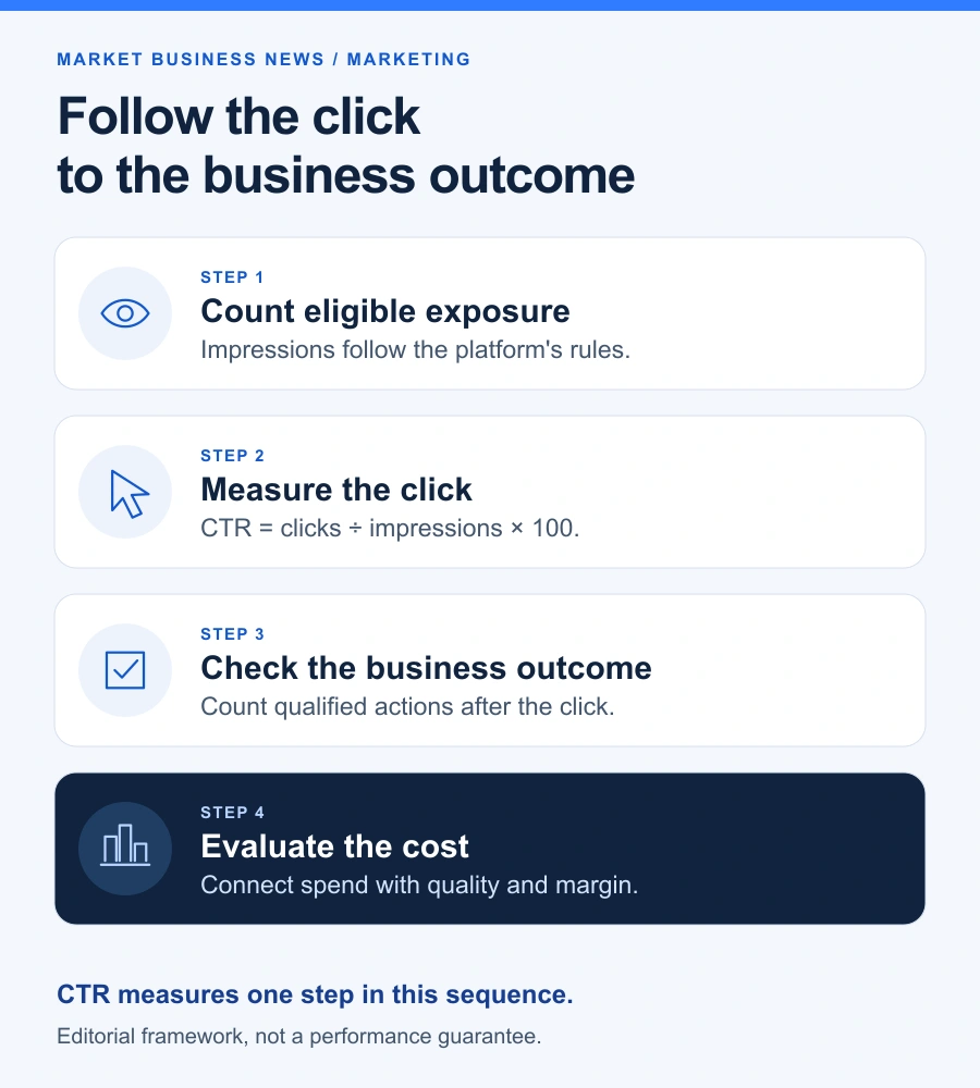 Eye, cursor, checkmark and chart icons separate impressions, clicks, business outcomes and cost in an editorial measurement sequence by Market Business News.