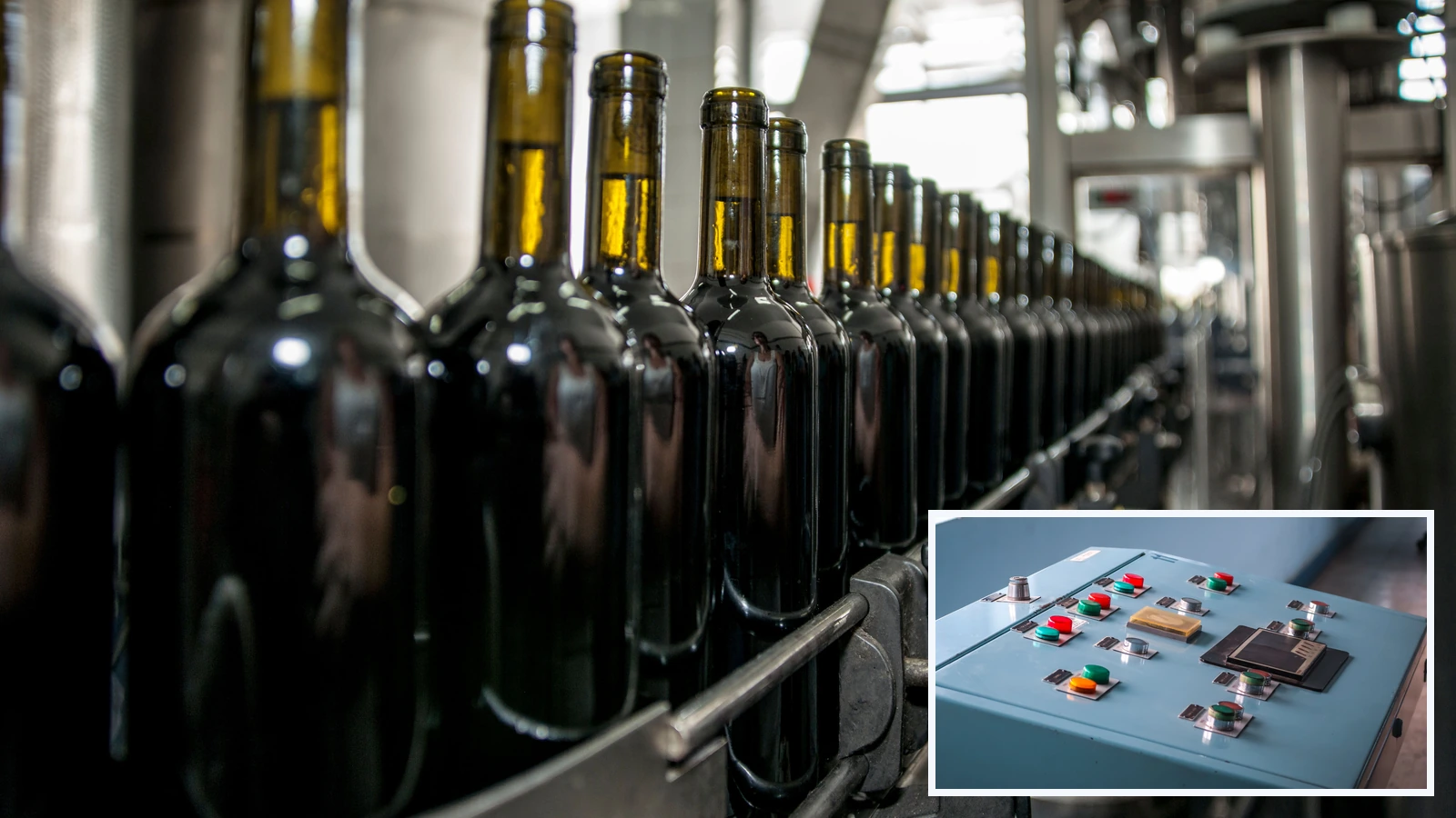 Editorial composite showing dark glass bottles on a production line, with a separate inset of a blue industrial control panel with colored buttons.