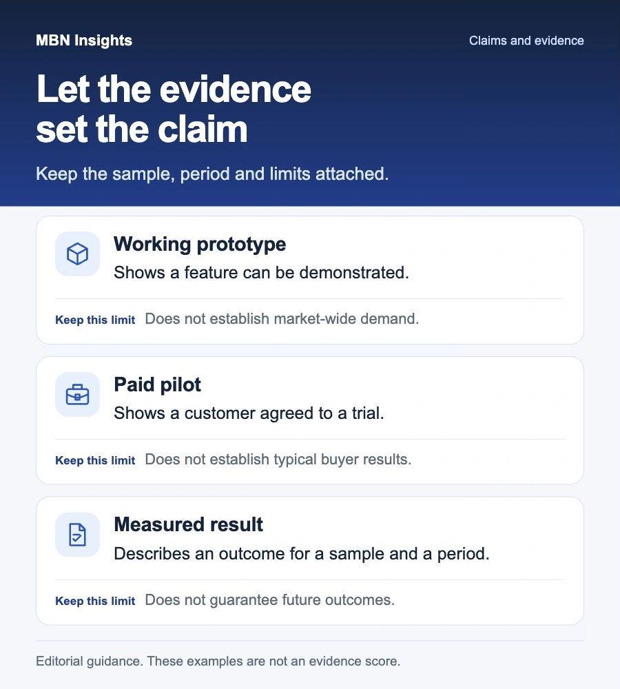Three illustrated evidence types show what a working prototype, paid pilot and measured result establish, alongside their limits, by Market Business News.
