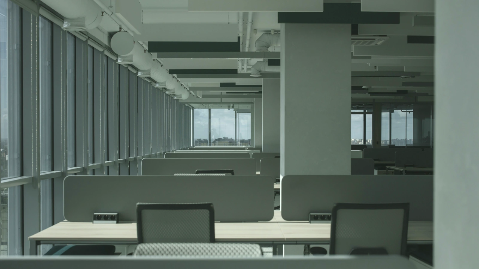 Representative photograph of unoccupied office desks and chairs beside large windows, unrelated to the surveyed employers. Photo by cottonbro studio/Pexels.
