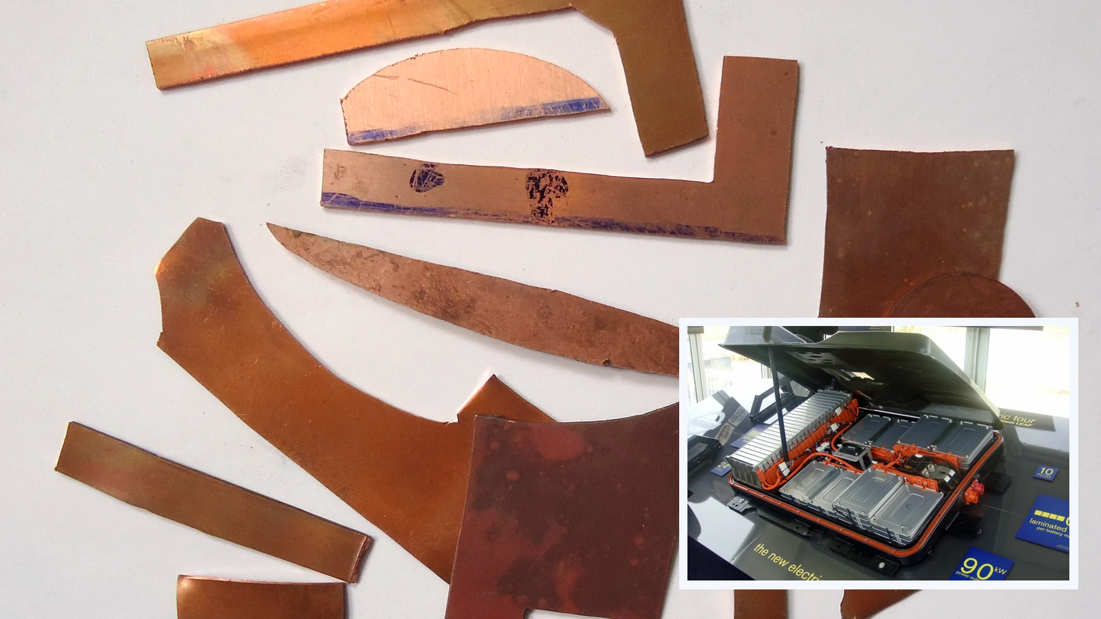 Editorial composite of copper scraps with a separate inset showing an exposed Nissan Leaf battery display with orange electrical cables.