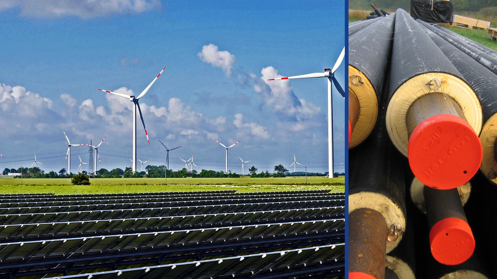 Editorial composite showing wind turbines behind solar panels beside a separate photograph of stacked insulated pipes for a district heating network.
