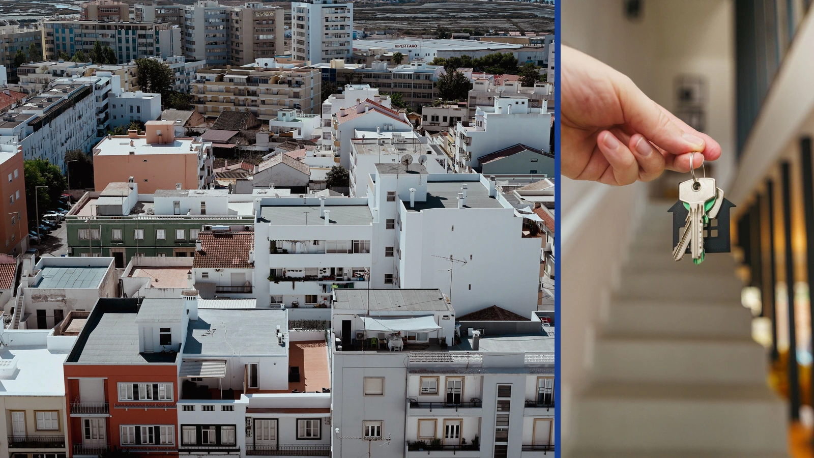 Editorial composite showing apartment buildings in Faro, Portugal, beside a separate photograph of a hand holding a set of house keys.