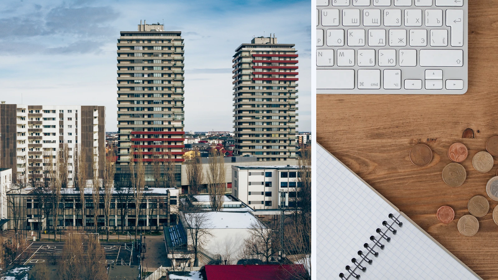 Editorial composite of residential towers in Bucharest beside a separate photograph of euro coins, a white keyboard and a notebook on a wooden desk.