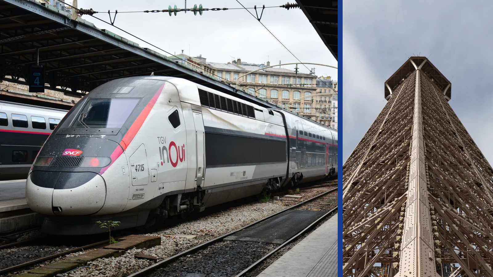 Editorial composite of an SNCF TGV at Paris Gare de l’Est beside a separately framed upward view of the Eiffel Tower.