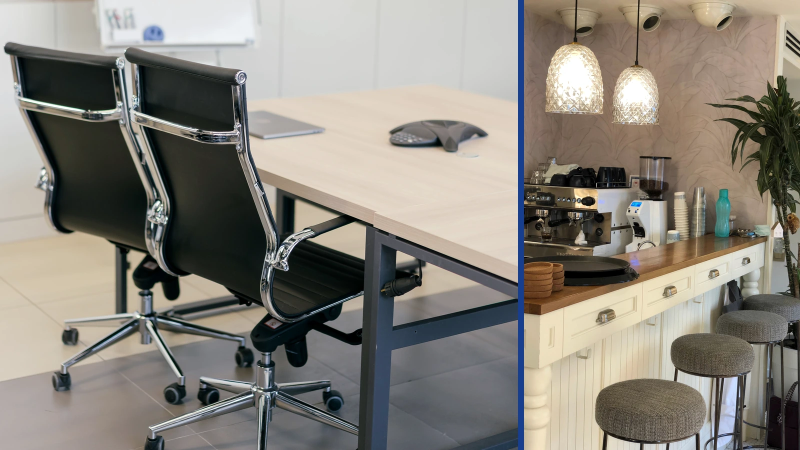 Editorial composite of empty chairs around a meeting table beside a separate cafe counter photograph, divided by a narrow blue line.