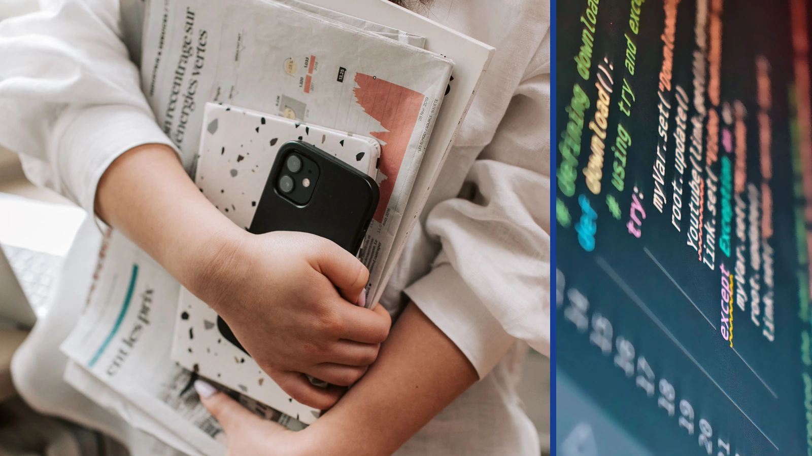 Representative editorial composite of newspapers and a smartphone beside separately photographed programming code. Photos by Vlada Karpovich and Godfrey Atima/Pexels.