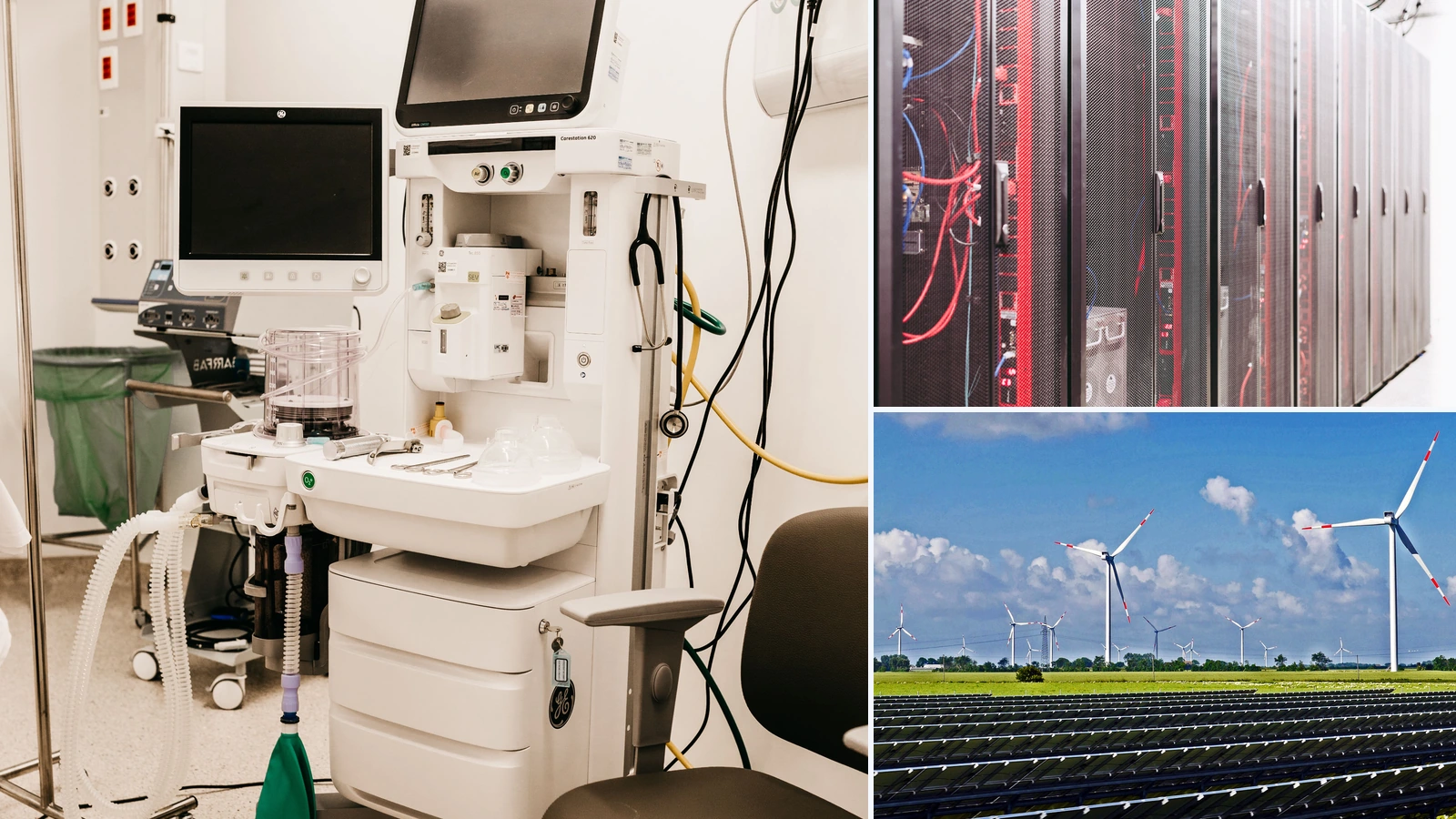 Editorial composite showing hospital equipment, server racks and solar panels in separate photographs; Jonathan Borba and Brett Sayles/Pexels, hpgruesen/CC0.