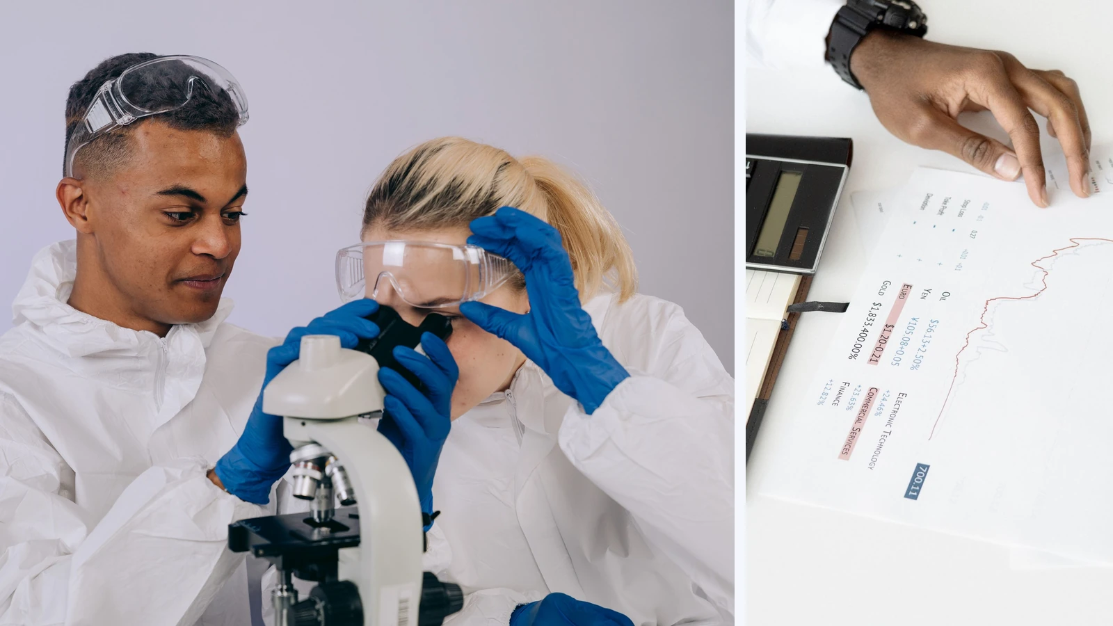 Editorial composite of two scientists working with a laboratory microscope beside separate financial paperwork and a calculator.