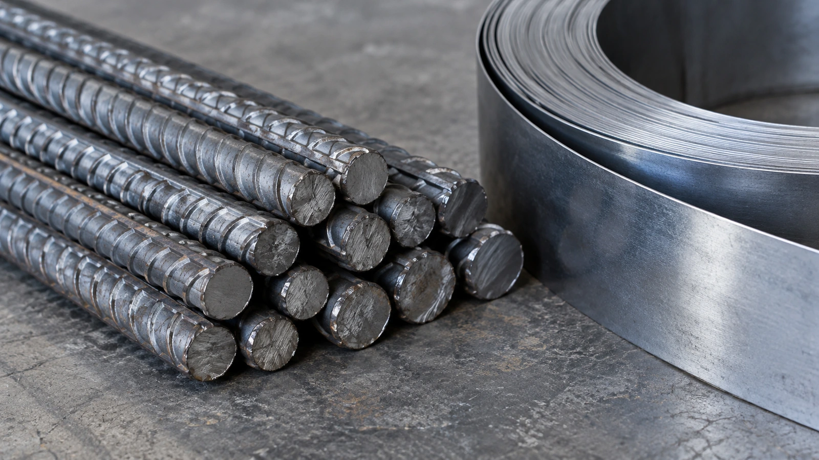 AI-generated representative illustration of reinforcing steel bars beside a rolled steel strip on a work surface, unrelated to the Finnish study or any named producer.