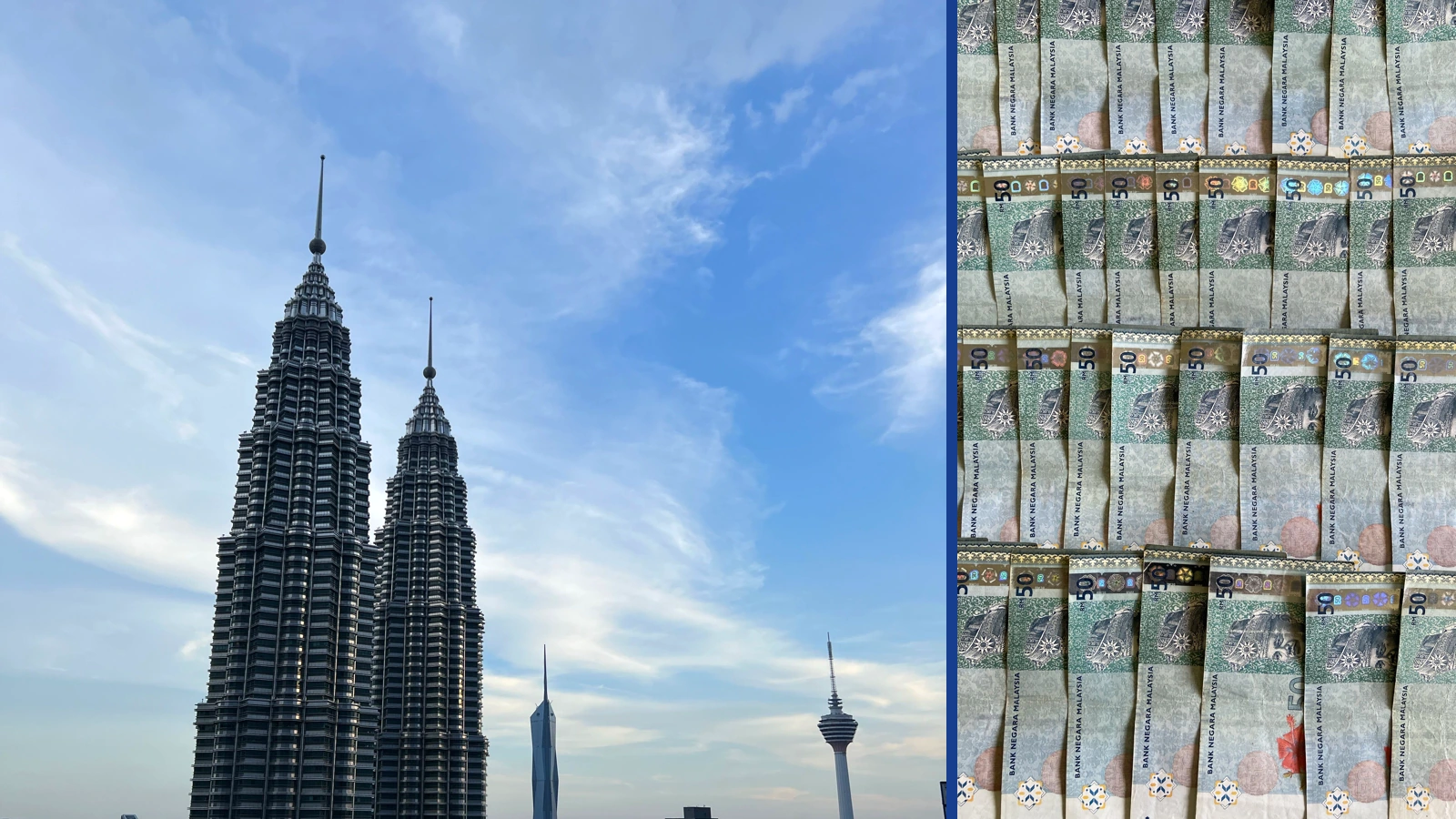 Editorial composite of the Petronas Towers in Kuala Lumpur beside a separate close-up of rows of Malaysian ringgit banknotes.