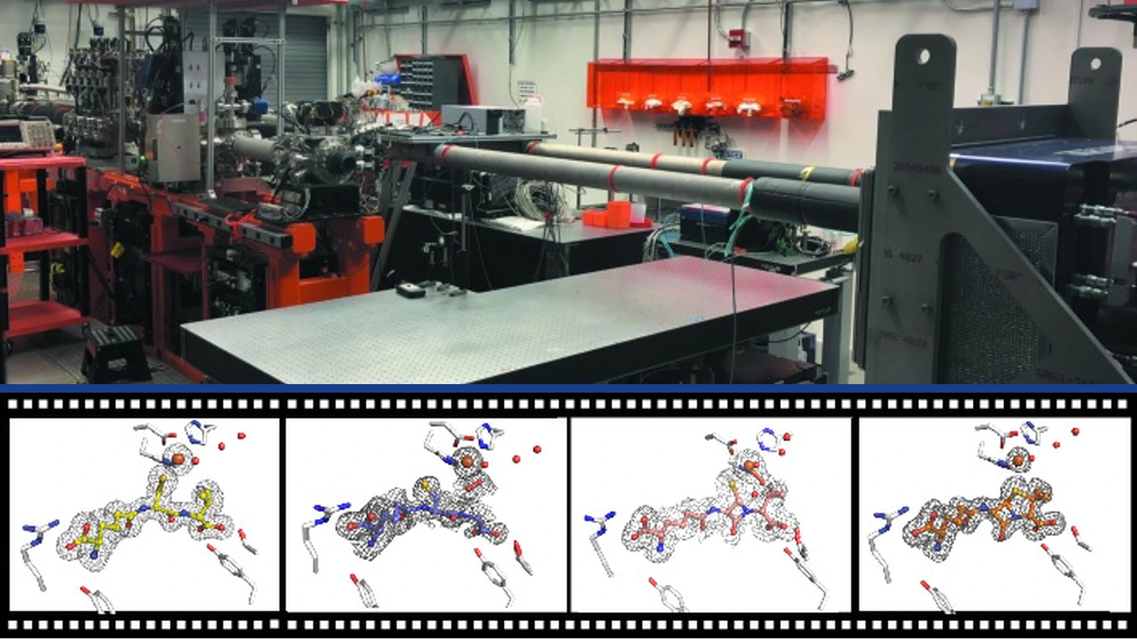 Editorial composite of laboratory beamline equipment above four molecular structure illustrations displayed in a filmstrip from a penicillin enzyme study.