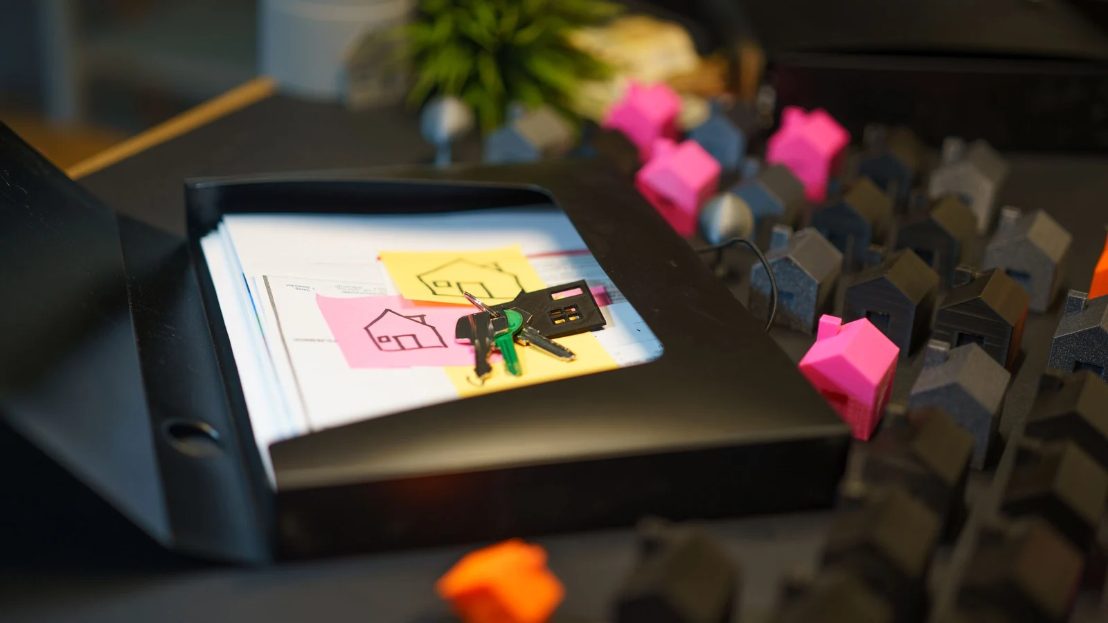 House keys rest on paperwork beside colourful miniature houses on a desk, a representative stock photograph by Jakub Zerdzicki/Pexels.