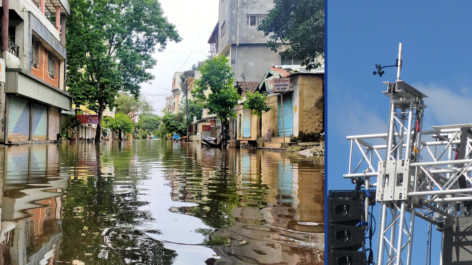 Editorial composite showing floodwater outside closed shops in Kolhapur and a cup anemometer mounted above an outdoor stage in a separate panel.