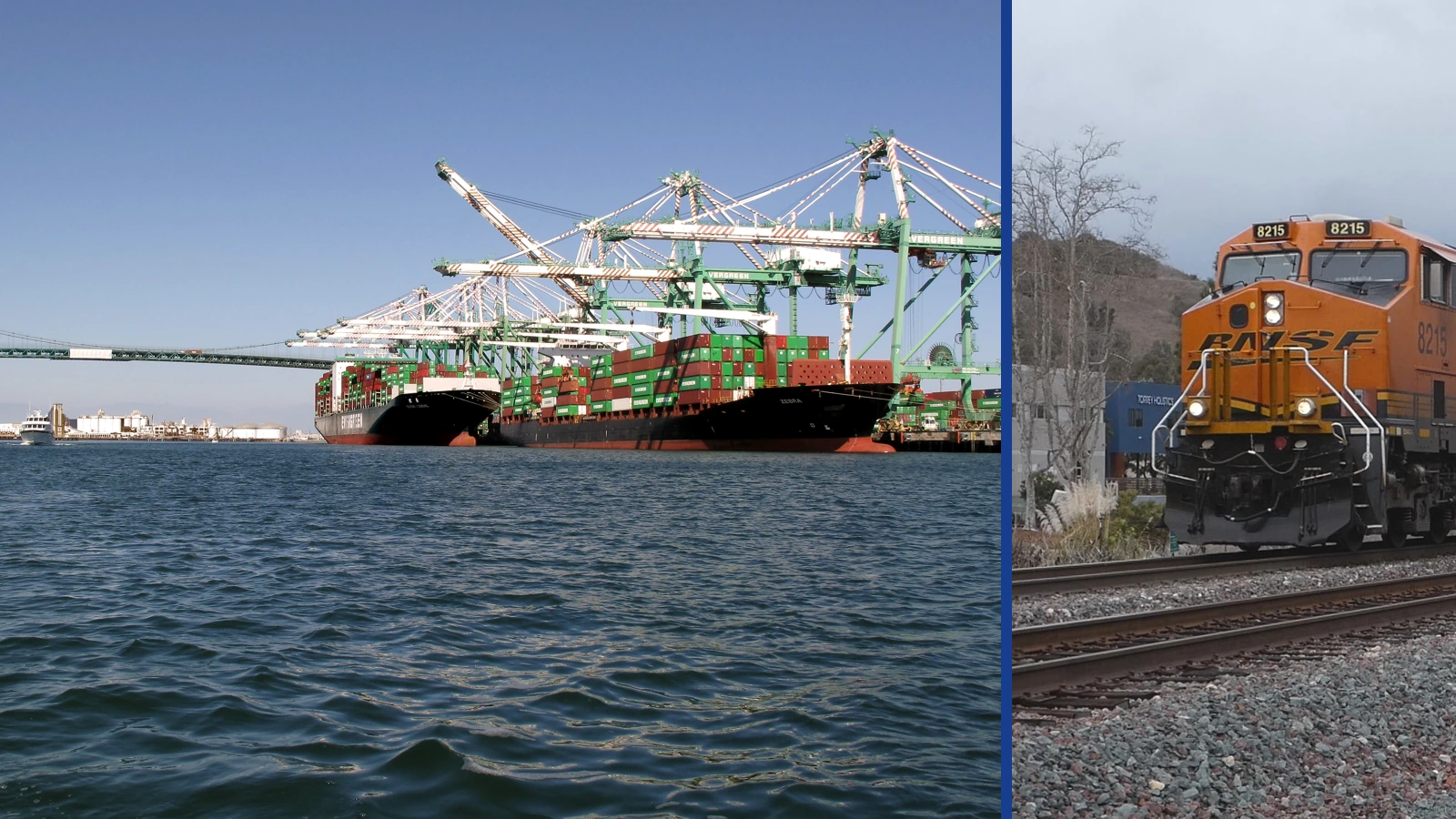 Editorial composite of container ships and cranes at the Port of Los Angeles beside a separate photograph of a BNSF freight locomotive in San Diego.