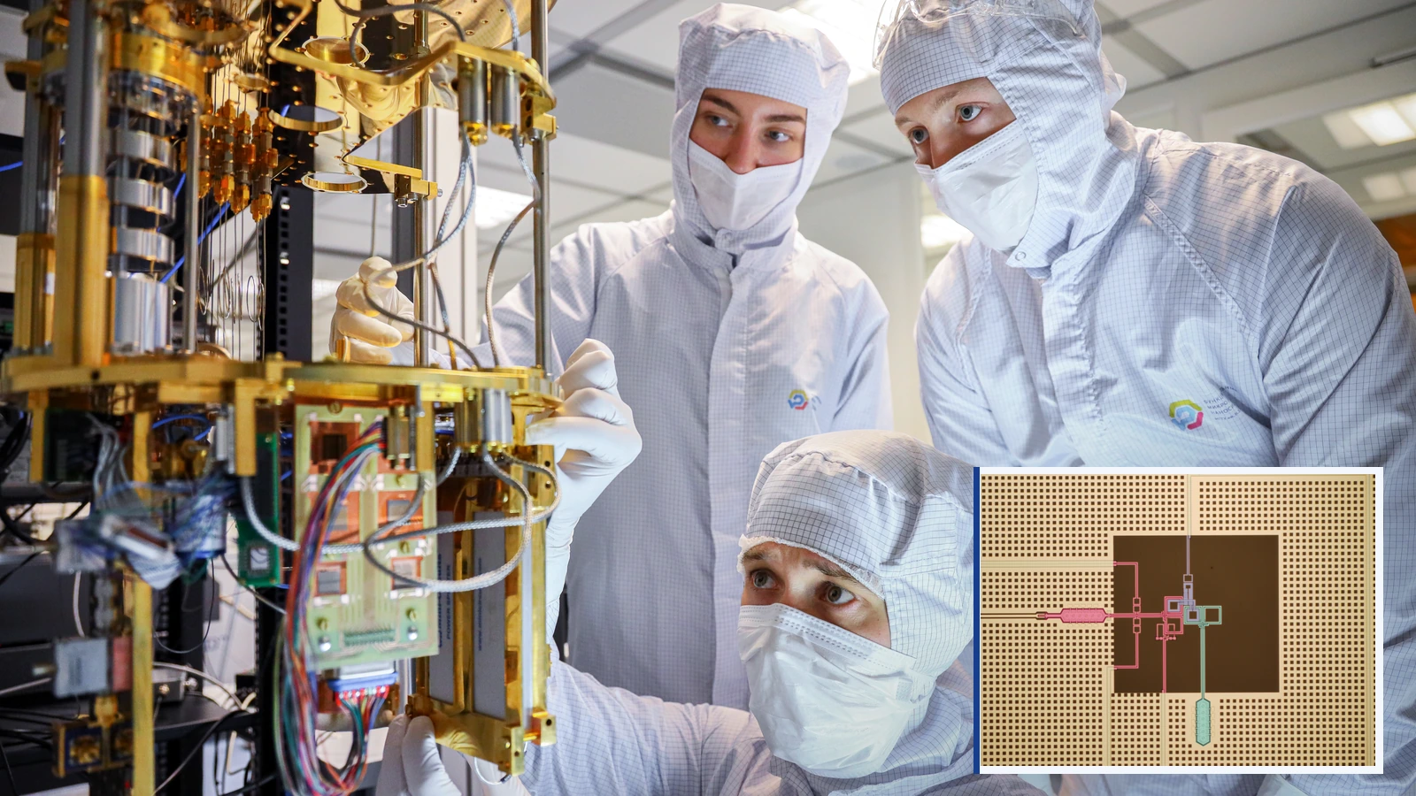 Editorial composite of engineers beside gold-colored cryogenic quantum equipment, with a separately framed, colorized superconducting-circuit micrograph in the lower right.