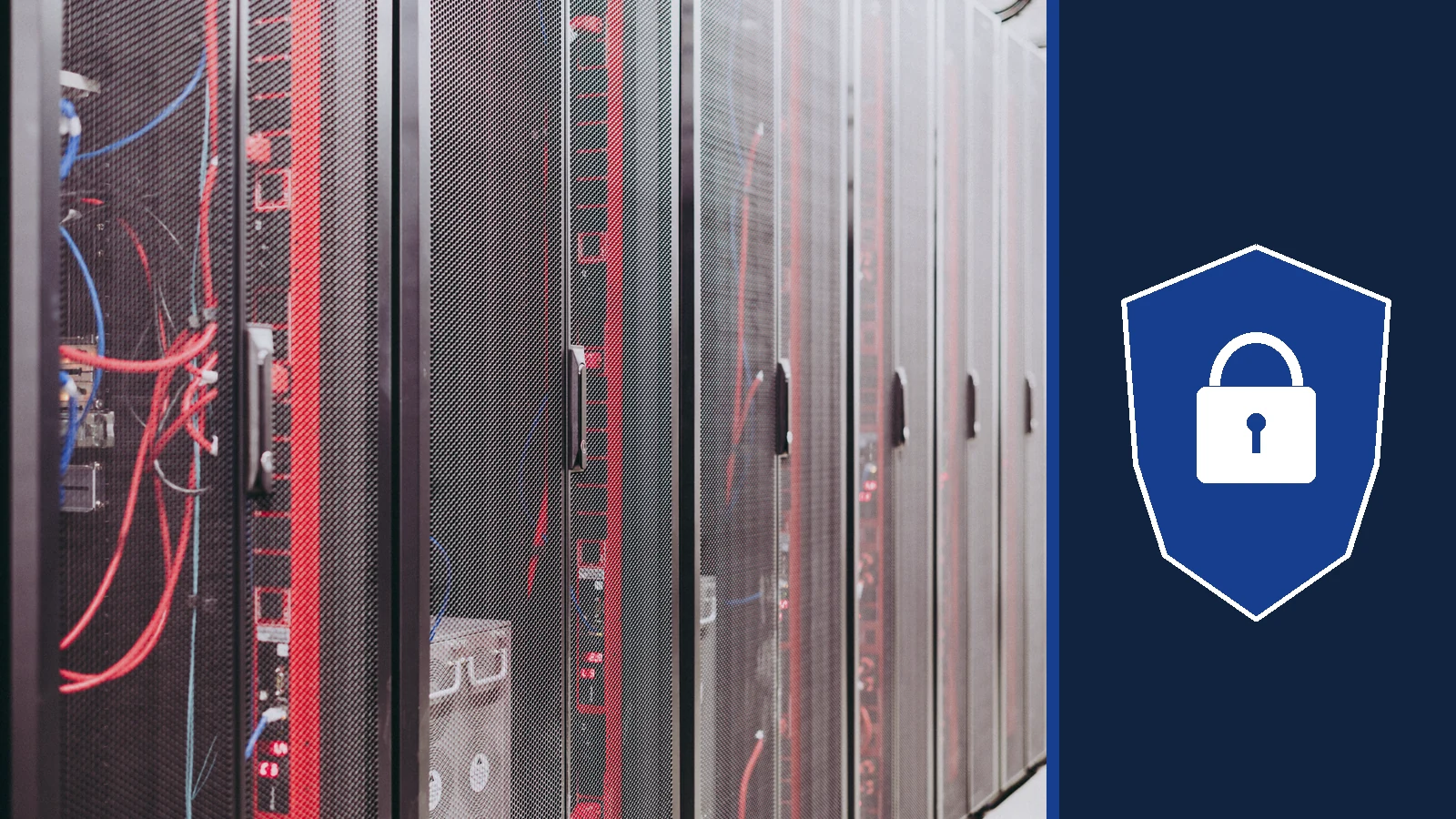 Server racks with red and blue cables appear beside a separate navy panel containing a white padlock and blue shield symbol.