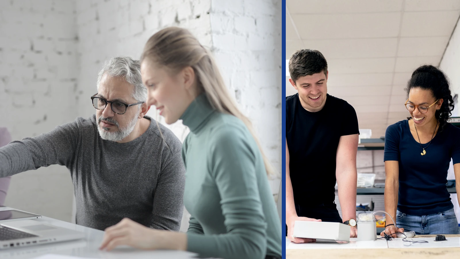 Editorial composite showing colleagues discussing work beside a laptop and two engineers working together at a workshop bench, separated by a blue divider.